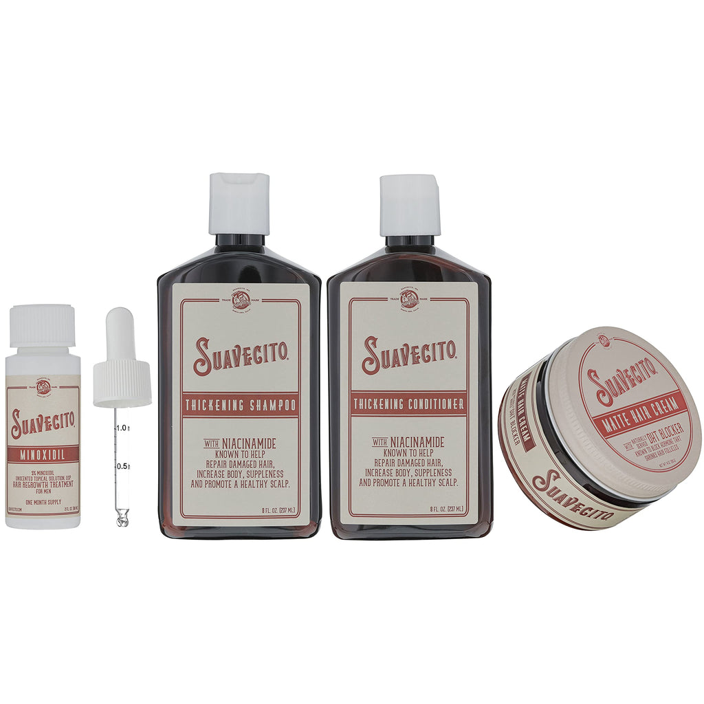 Suavecito Hair Loss Treatment Kit – Minoxidil 5%, Thickening Shampoo & Conditioner, Matte Hair Cream with DHT Blocker (1 Month)