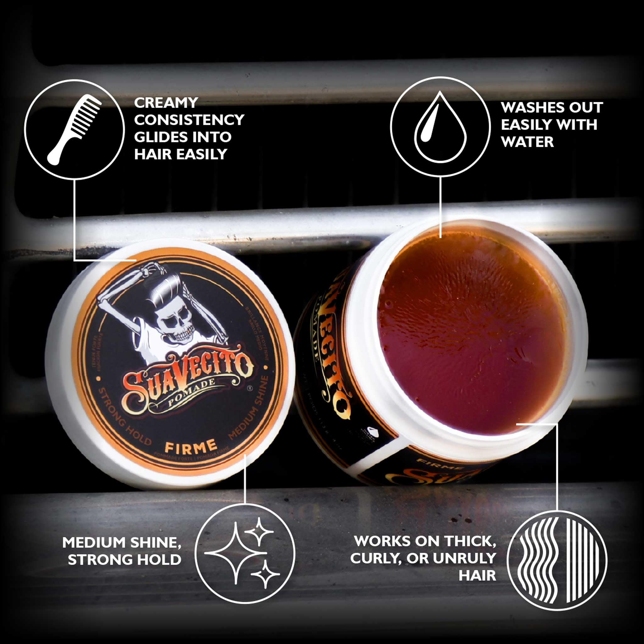 Suavecito Pomade Firme Hold – Strong Hold Water-Based Pomade for Men, 4 oz, Medium Shine, Easy Washout