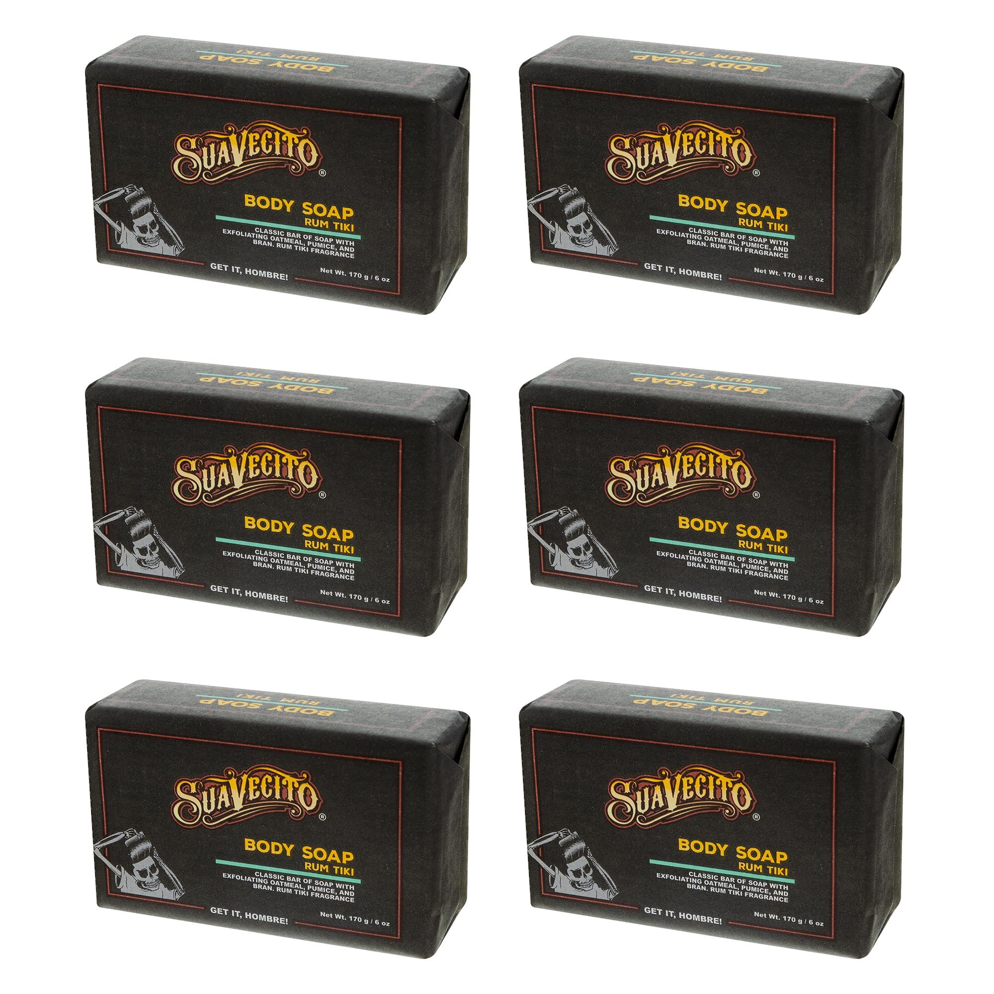Suavecito Body & Hand Soap Bars — Moisturizing with Masculine Tiki Rum Fragrance, 6 oz (6-Pack)
