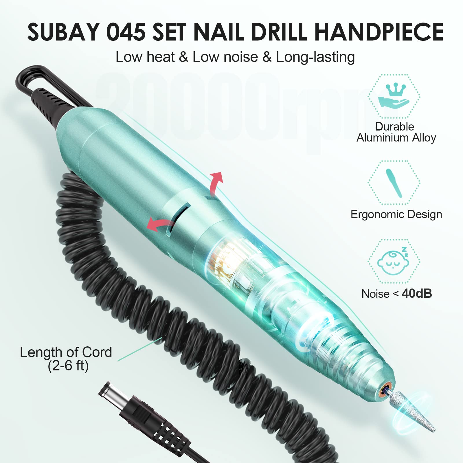 SUBAY Professional Nail Drill Kit – 0–20,000 RPM, Vented Handpiece, 6-Hole Bit System
