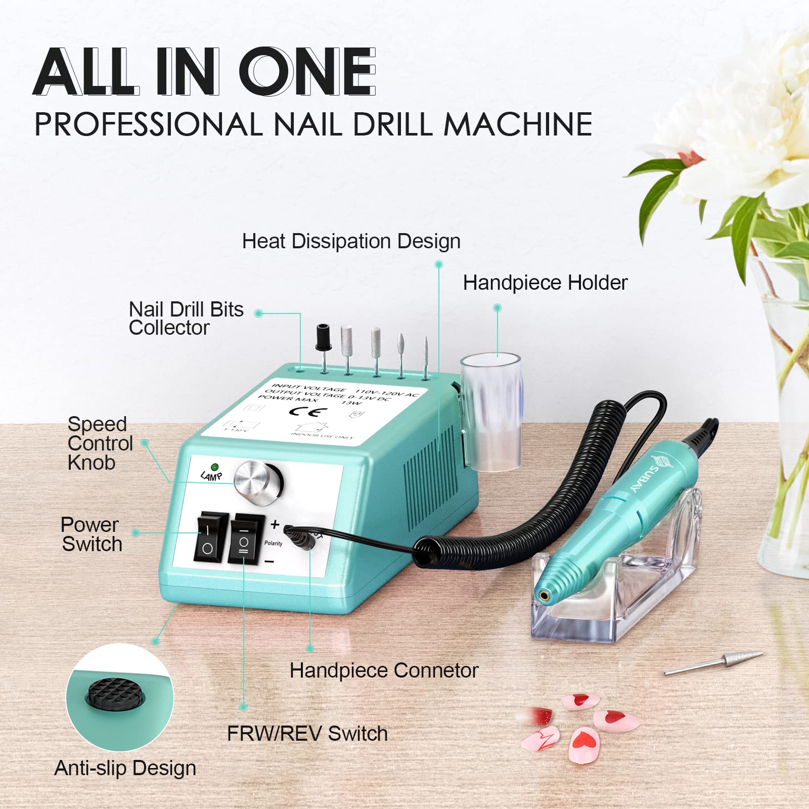 SUBAY Professional Nail Drill Kit – 0–20,000 RPM, Vented Handpiece, 6-Hole Bit System