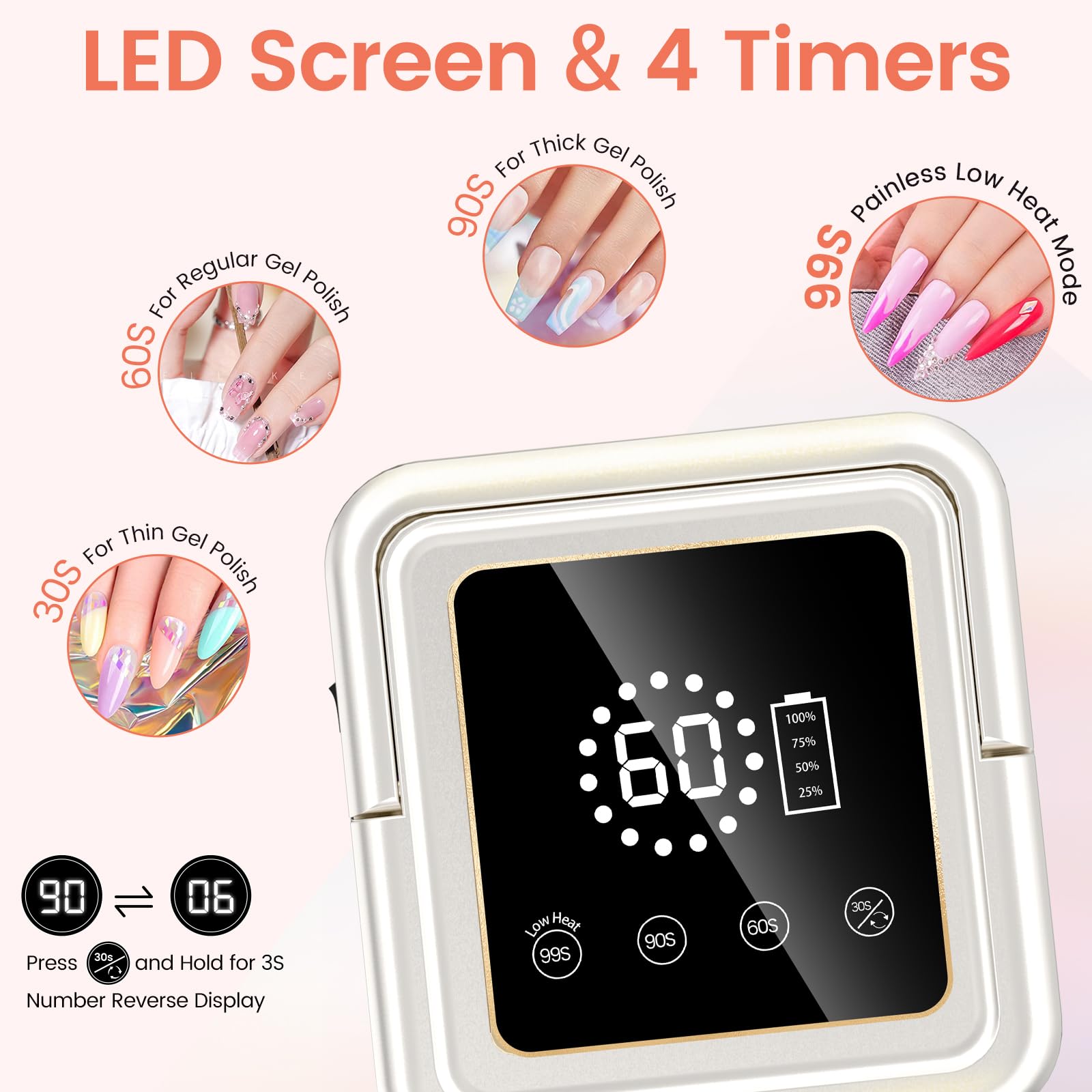 SUBAY UV Nail Lamp 108W – Cordless Gel Curing, 36 Beads, 4 Timer Modes, Auto Sensor (White)