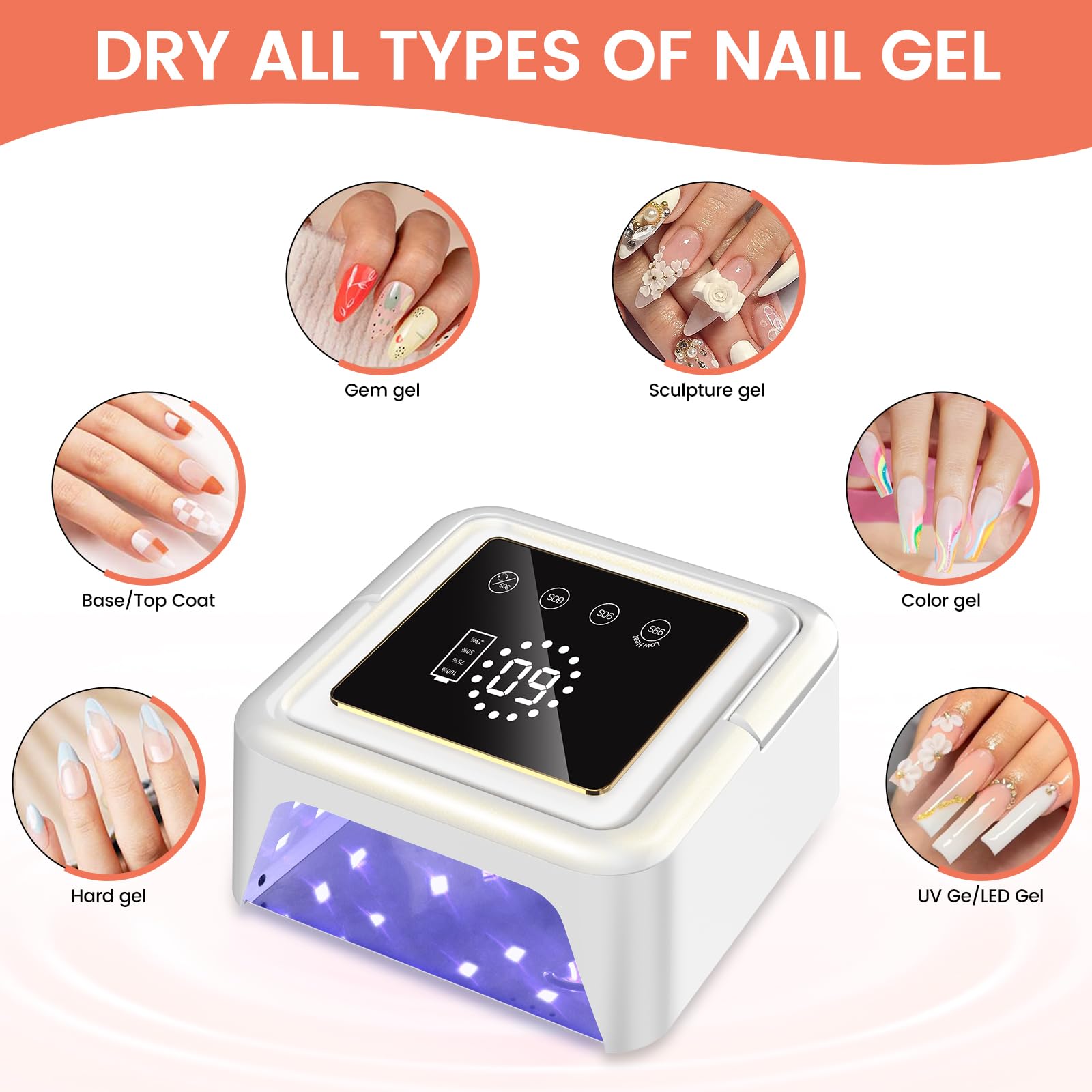 SUBAY UV Nail Lamp 108W – Cordless Gel Curing, 36 Beads, 4 Timer Modes, Auto Sensor (White)