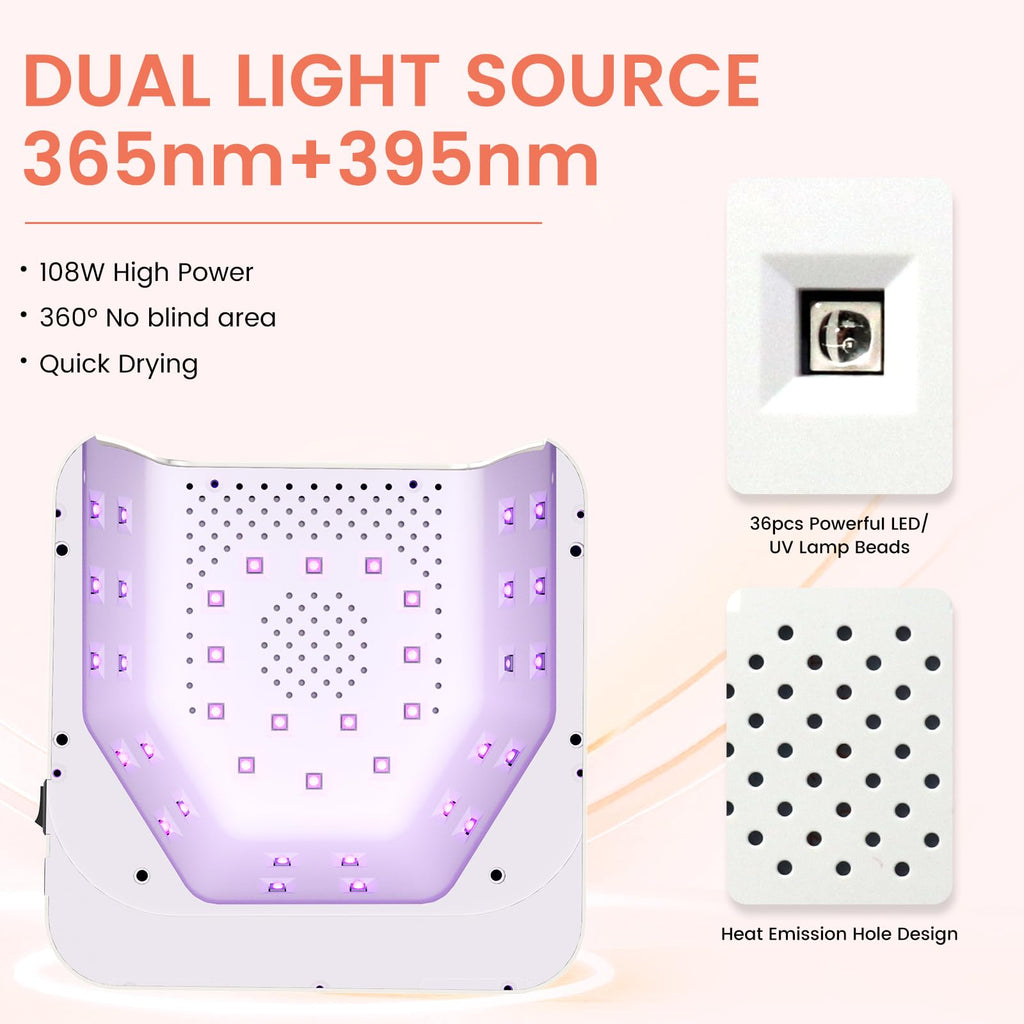 SUBAY UV Nail Lamp 108W – Cordless Gel Curing, 36 Beads, 4 Timer Modes, Auto Sensor (White)