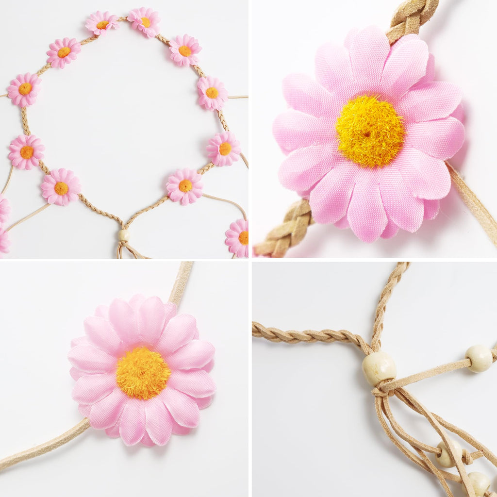 Sucrain 2pcs Flower Hippie Headband – Floral Crown Sunflower Hair Accessory (White & Pink)