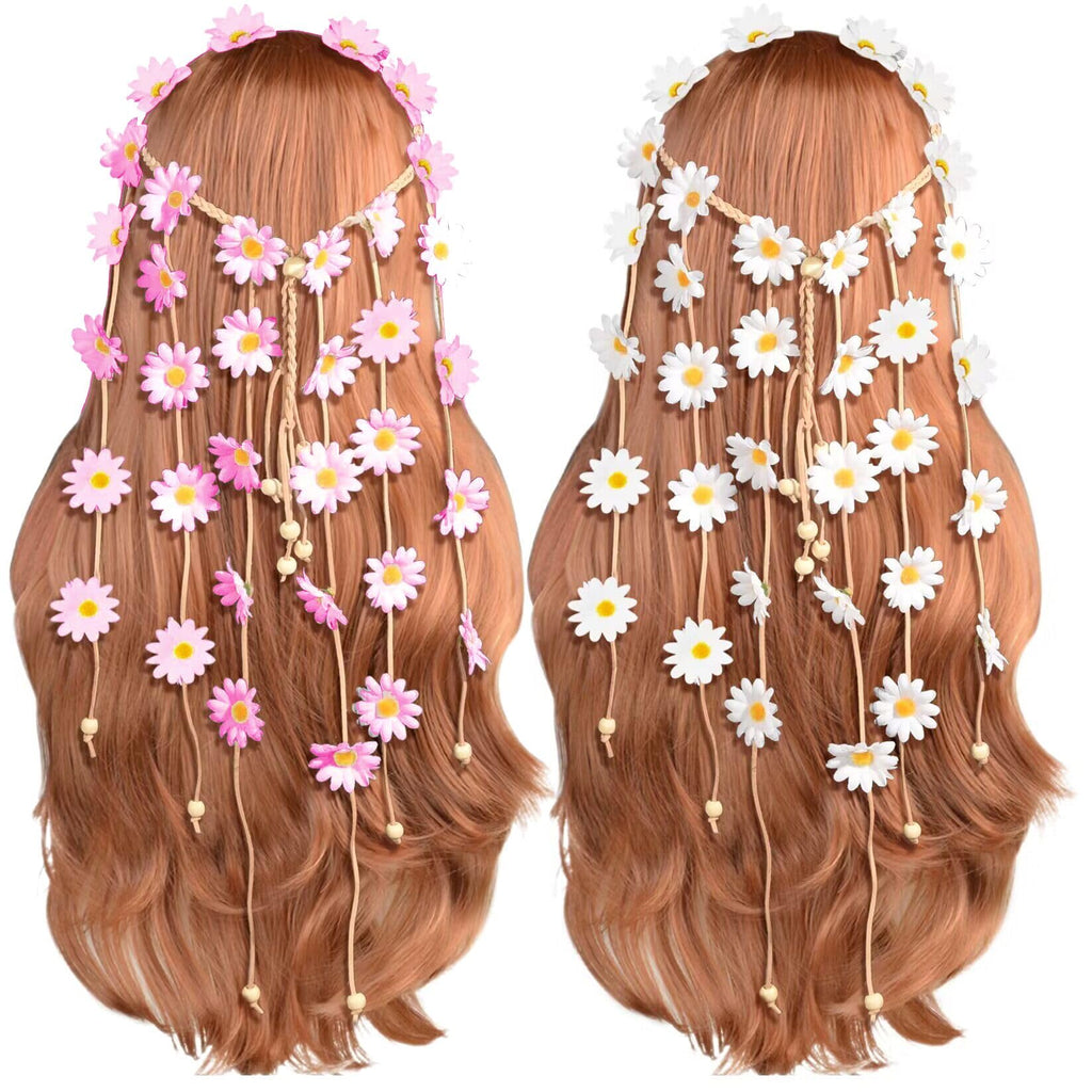 Sucrain 2pcs Flower Hippie Headband – Floral Crown Sunflower Hair Accessory (White & Pink)