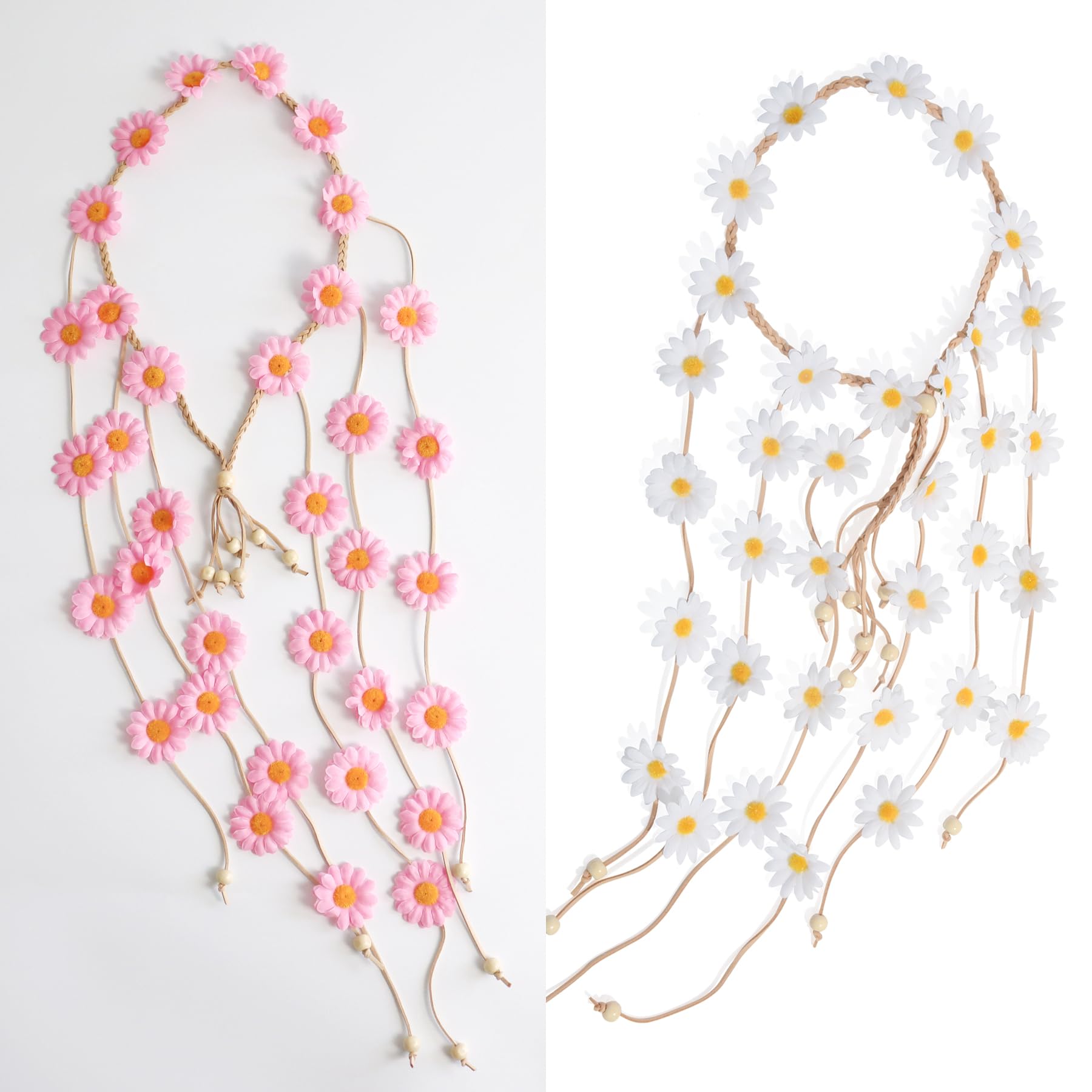 Sucrain 2pcs Flower Hippie Headband – Floral Crown Sunflower Hair Accessory (White & Pink)