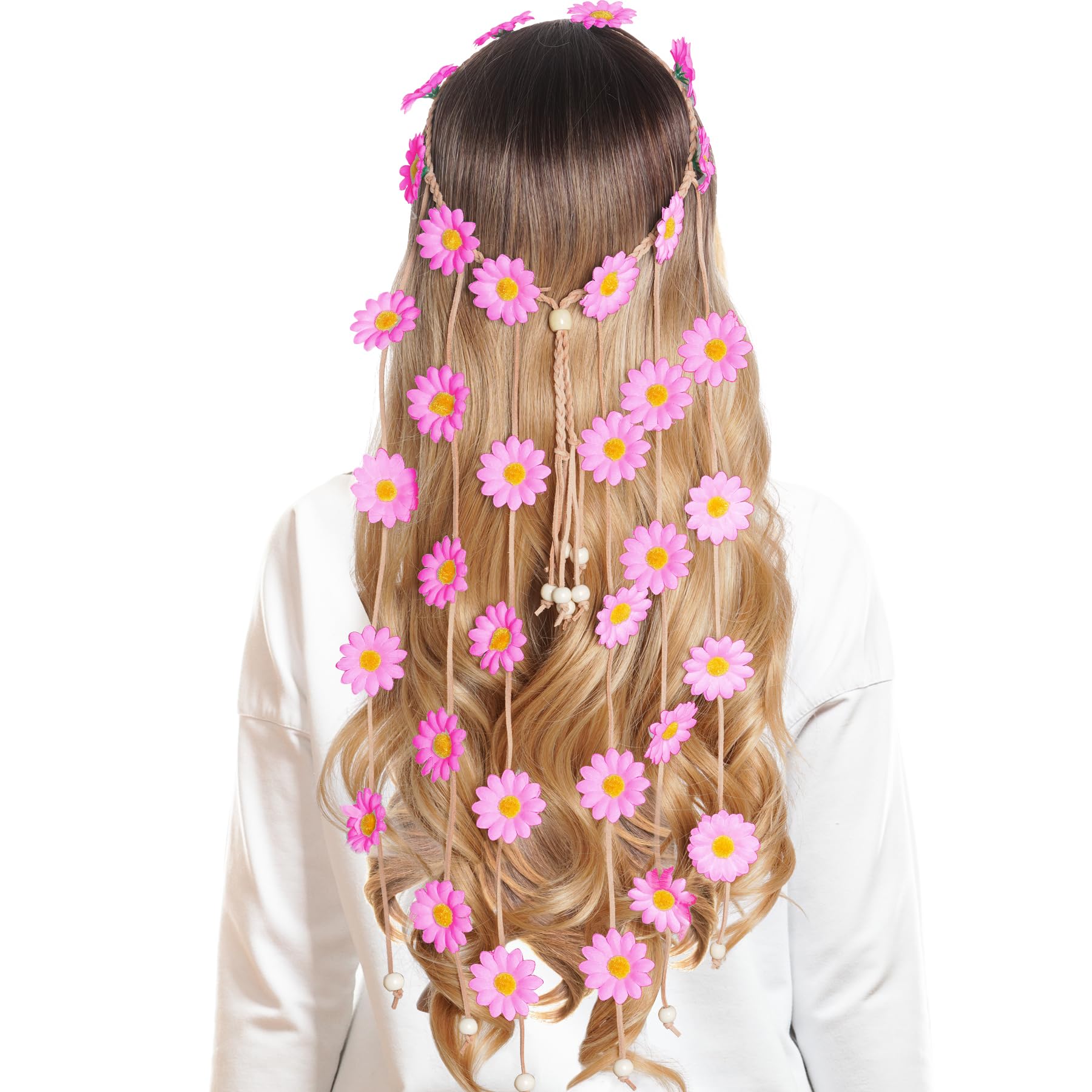 Sucrain 2pcs Flower Hippie Headband – Floral Crown Sunflower Hair Accessory (White & Pink)
