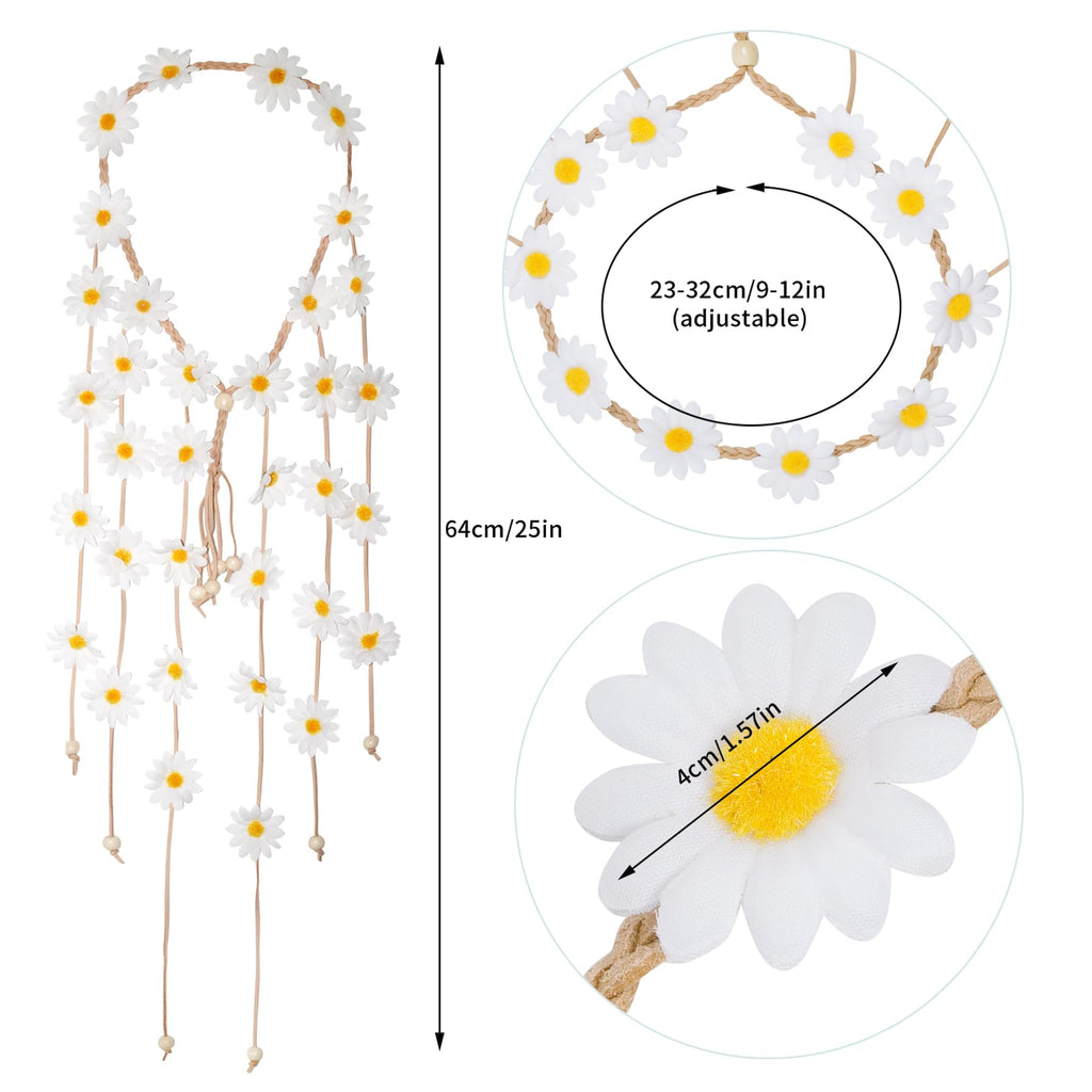 Sucrain 2pcs Flower Hippie Headband – Floral Crown Sunflower Hair Accessory (White & Pink)