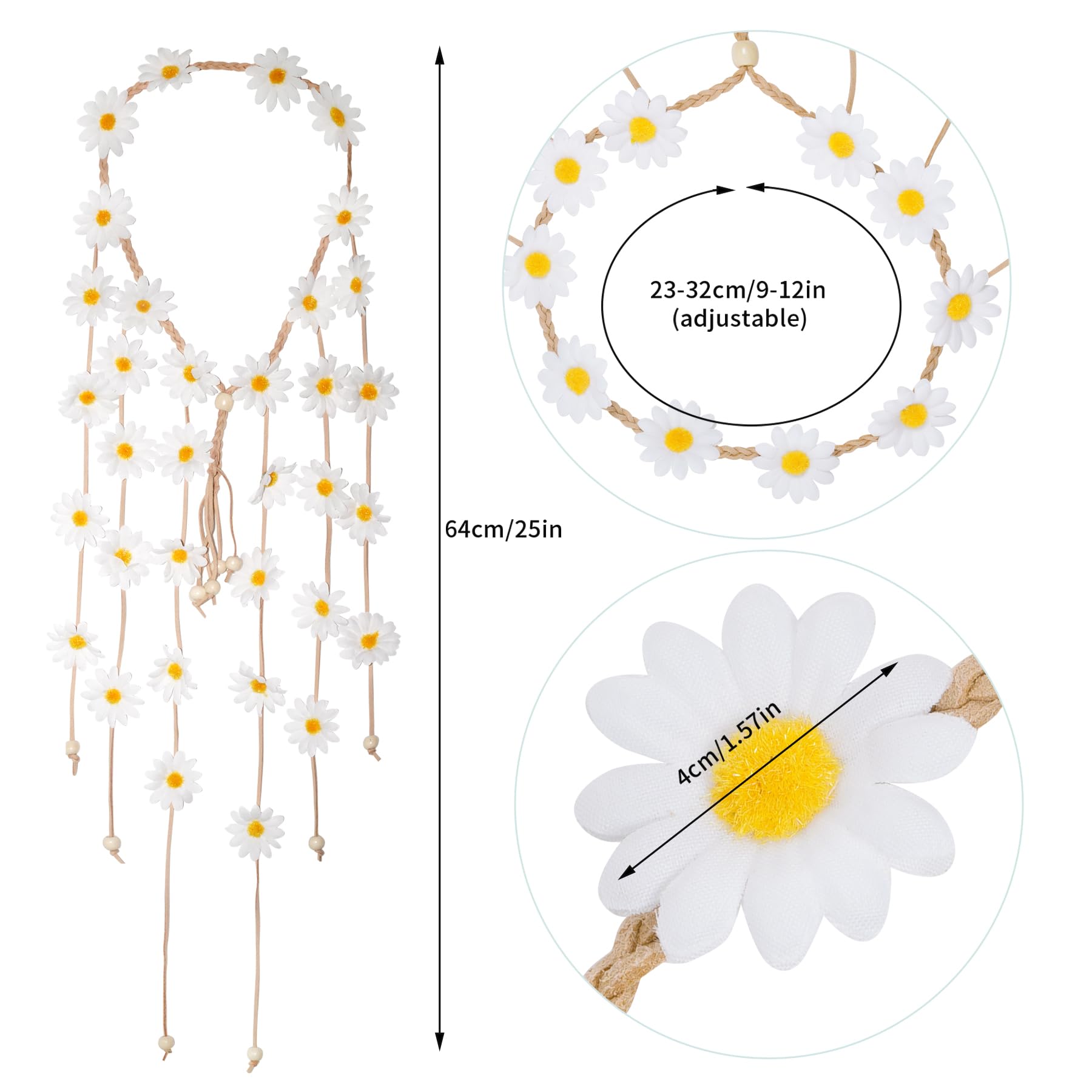 Sucrain 2pcs Flower Hippie Headband – Floral Crown Sunflower Hair Accessory (White & Pink)