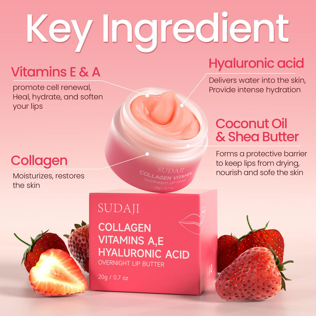 SUDAJI Collagen Lip Mask – Hydrating Lip Balm with Hyaluronic Acid & Vitamins A & E (0.7 oz)