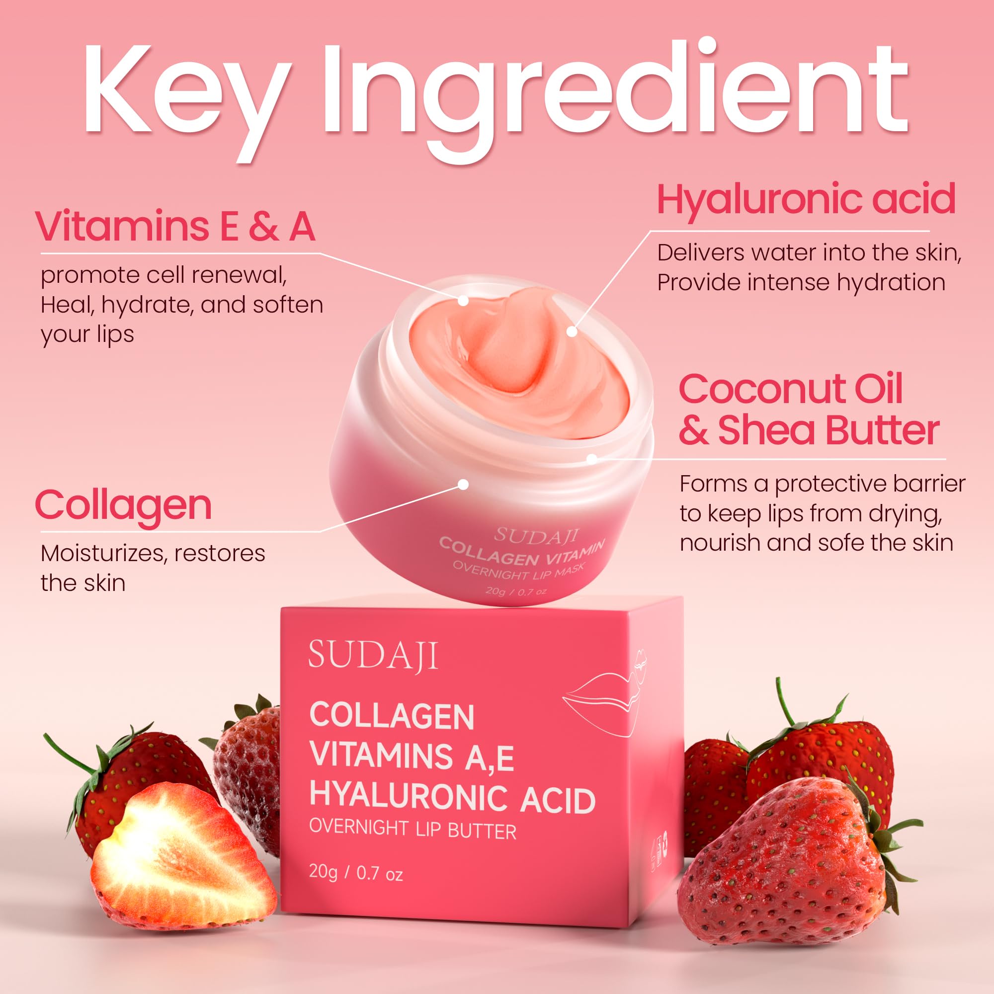 SUDAJI Collagen Lip Mask – Hydrating Lip Balm with Hyaluronic Acid & Vitamins A & E (0.7 oz)