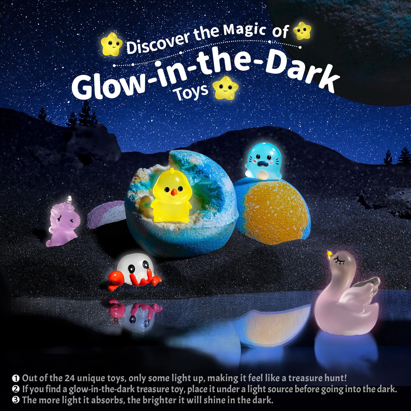 SudsyRoar Bath Bombs for Kids – 24 Surprises, Glow-in-The-Dark Toys