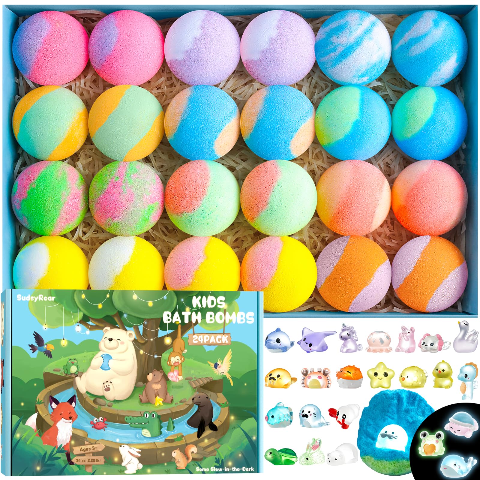 SudsyRoar Bath Bombs for Kids – 24 Surprises, Glow-in-The-Dark Toys