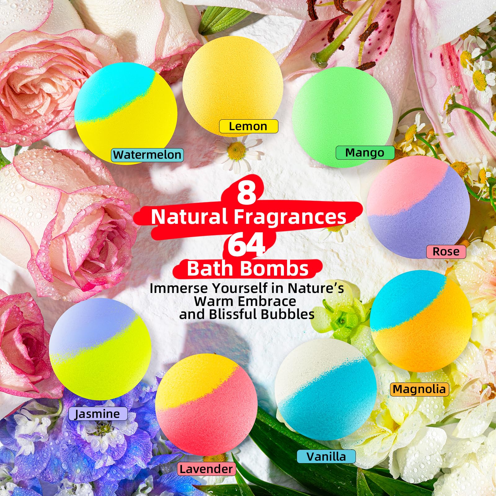 SudsyRoar 64 Pack Natural Bath Bombs Bulk Set – 8 Scents, Organic Ingredients, Long-Lasting Bubbles