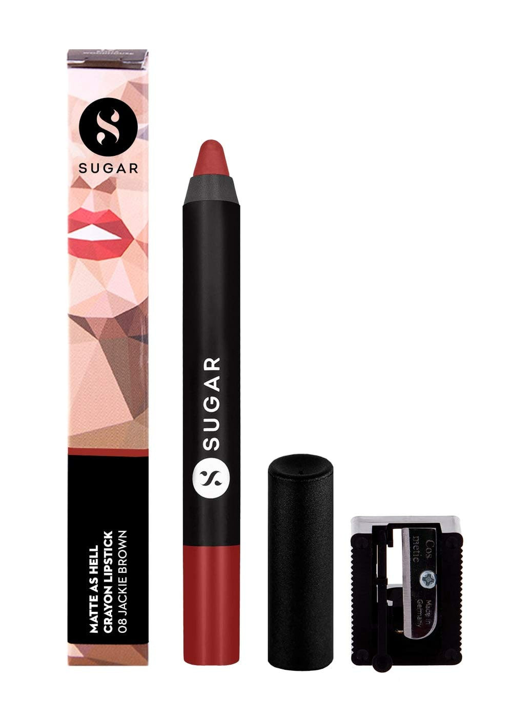 SUGAR Cosmetics Matte As Hell Crayon Lipstick – Jackie Brown (Reddish Brown), 2.8 g + Free Sharpener