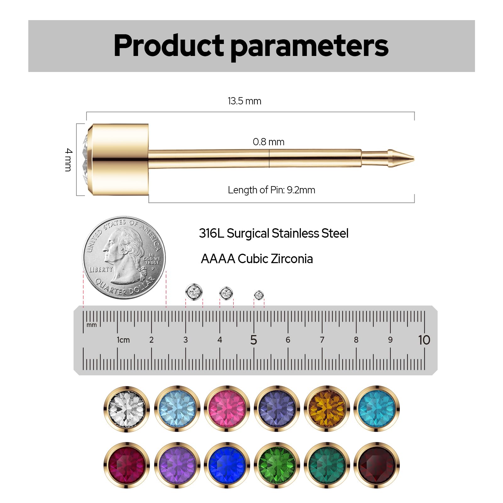 SugarTang Gold Ear Piercing Kit 4mm with Safety Back – 2 Pack, 316L Stainless Steel, Tanzanite