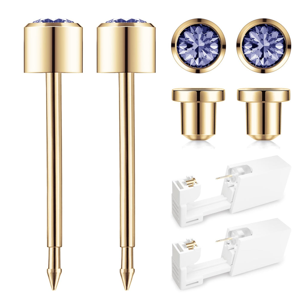 SugarTang Gold Ear Piercing Kit 4mm with Safety Back – 2 Pack, 316L Stainless Steel, Tanzanite