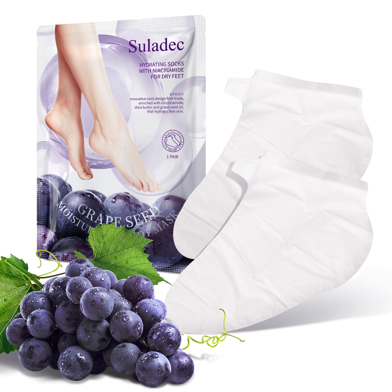 SULADEC Moisturizing Foot Mask – Grape Seed Oil & Shea Butter, Hydrates Dry Feet (7 Pairs)
