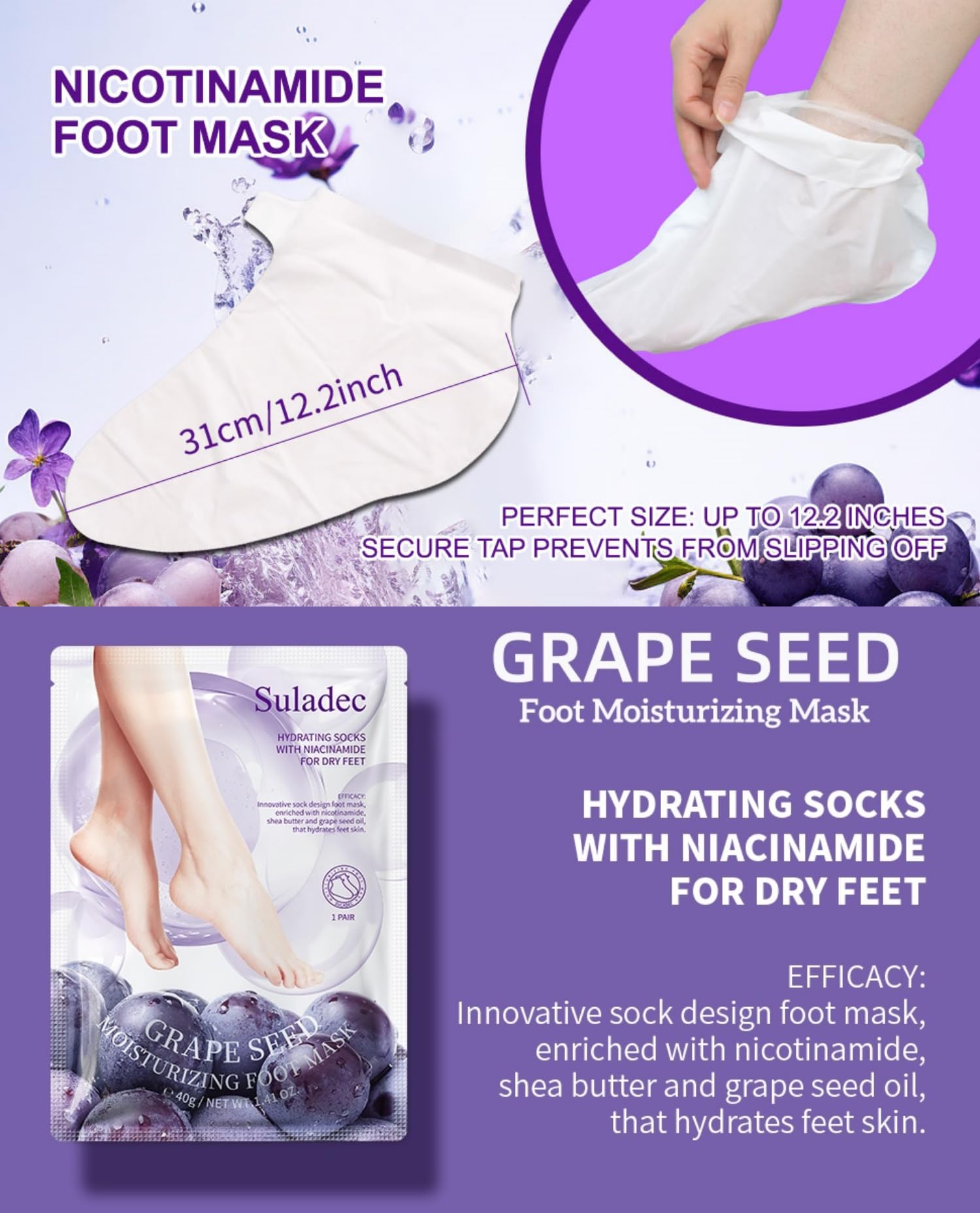 SULADEC Moisturizing Foot Mask – Grape Seed Oil & Shea Butter, Hydrates Dry Feet (7 Pairs)