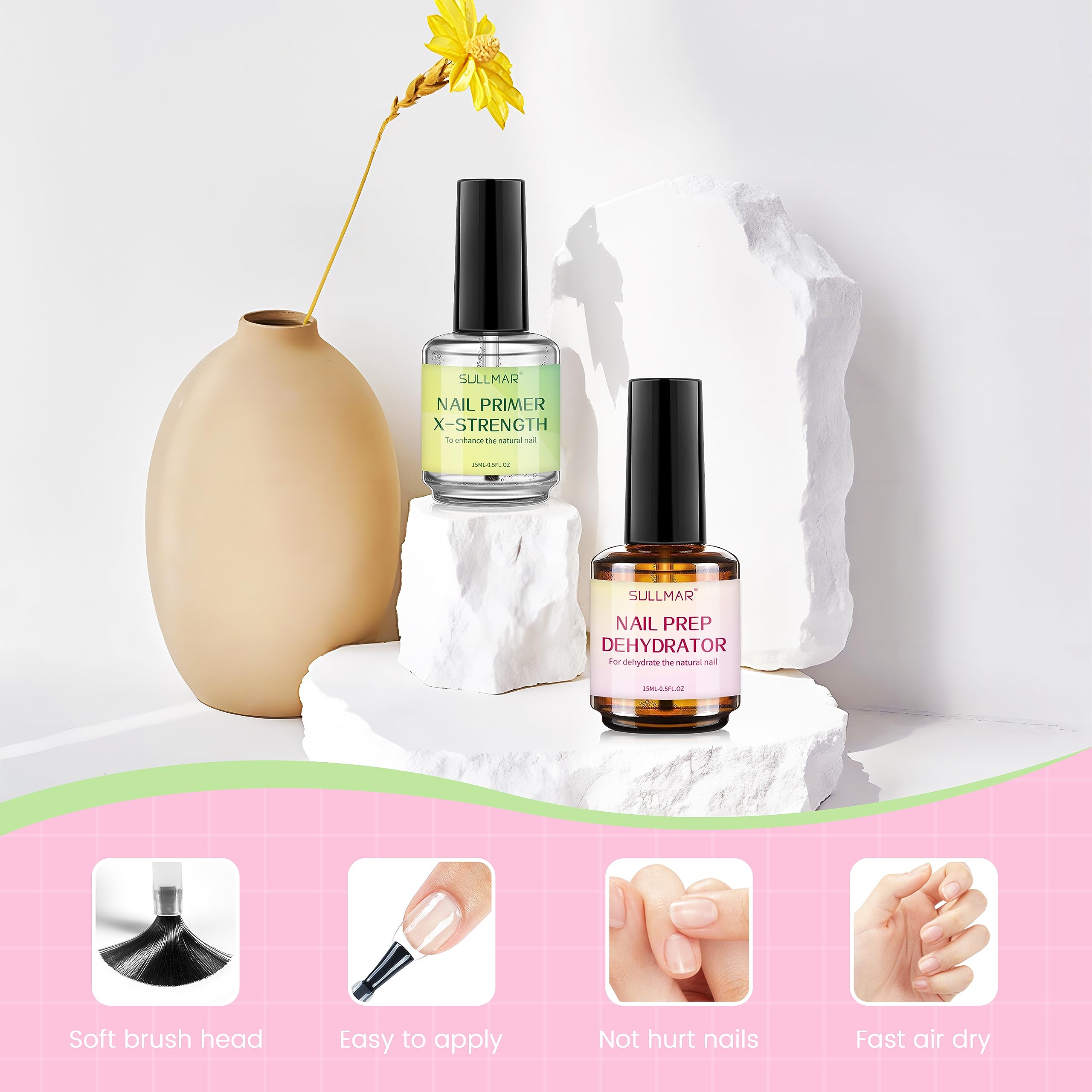 SULLMAR 15ml Nail Prep Dehydrator & X-Strength Primer Set — Bonding Kit with Cuticle Oil & Strengthener