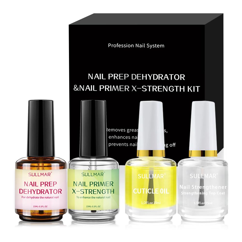 SULLMAR 15ml Nail Prep Dehydrator & X-Strength Primer Set — Bonding Kit with Cuticle Oil & Strengthener