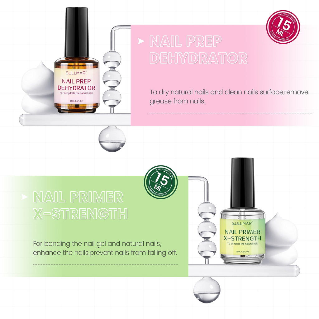 SULLMAR 15ml Nail Prep Dehydrator & X-Strength Primer Set — Bonding Kit with Cuticle Oil & Strengthener