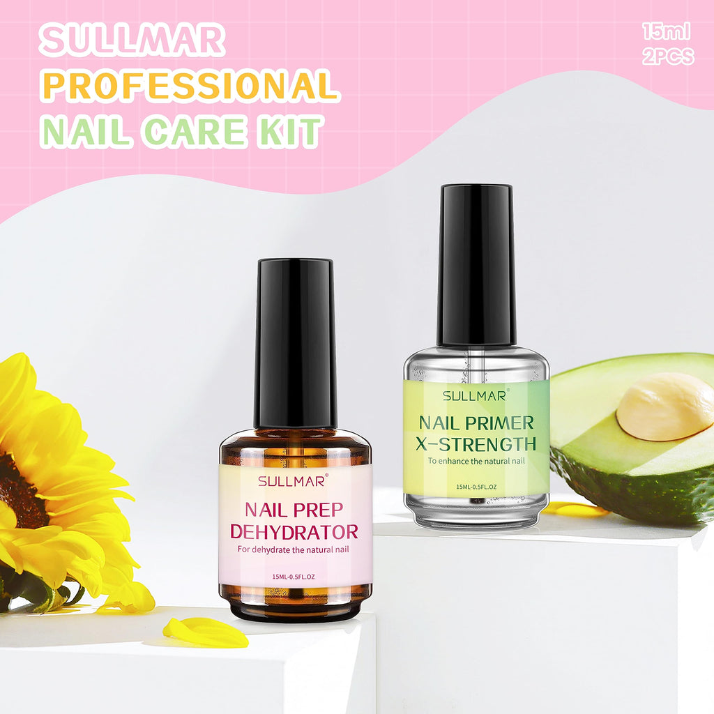 SULLMAR 15ml Nail Prep Dehydrator & X-Strength Primer Set — Bonding Kit with Cuticle Oil & Strengthener