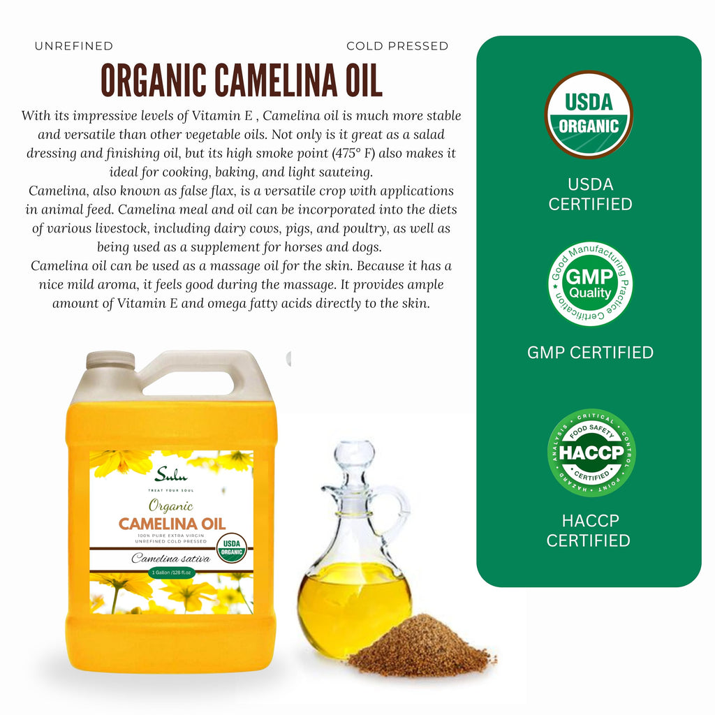 Sulu Organics Camelina Oil – 1 Gallon, USDA Organic, Extra Virgin, Cold-Pressed