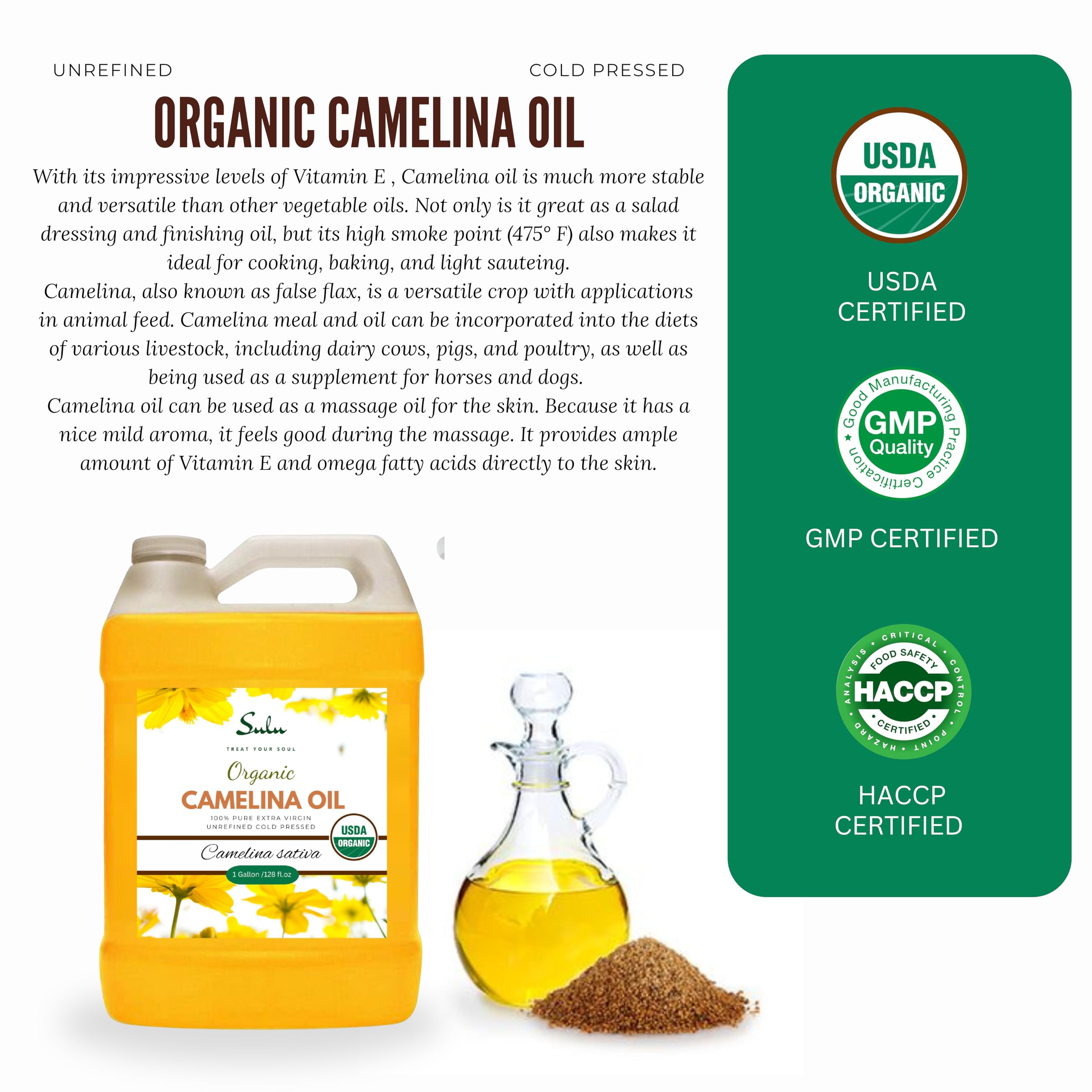 Sulu Organics Camelina Oil – 1 Gallon, USDA Organic, Extra Virgin, Cold-Pressed