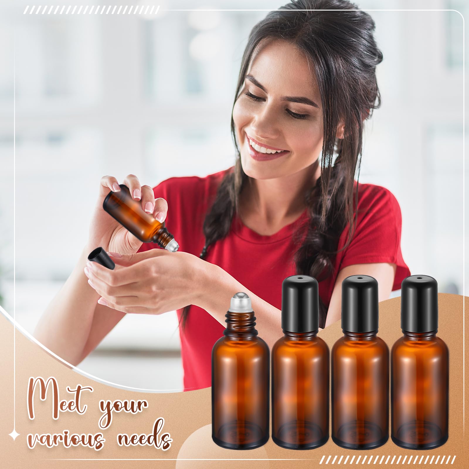 Sumind 12x 30ml Amber Glass Roller Bottles – Essential Oil Travel Set with Funnels & Labels