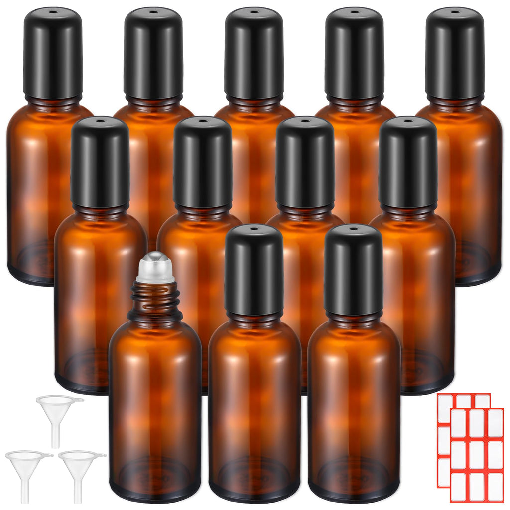 Sumind 12x 30ml Amber Glass Roller Bottles – Essential Oil Travel Set with Funnels & Labels
