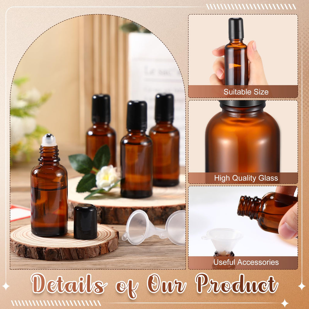 Sumind 12x 30ml Amber Glass Roller Bottles – Essential Oil Travel Set with Funnels & Labels