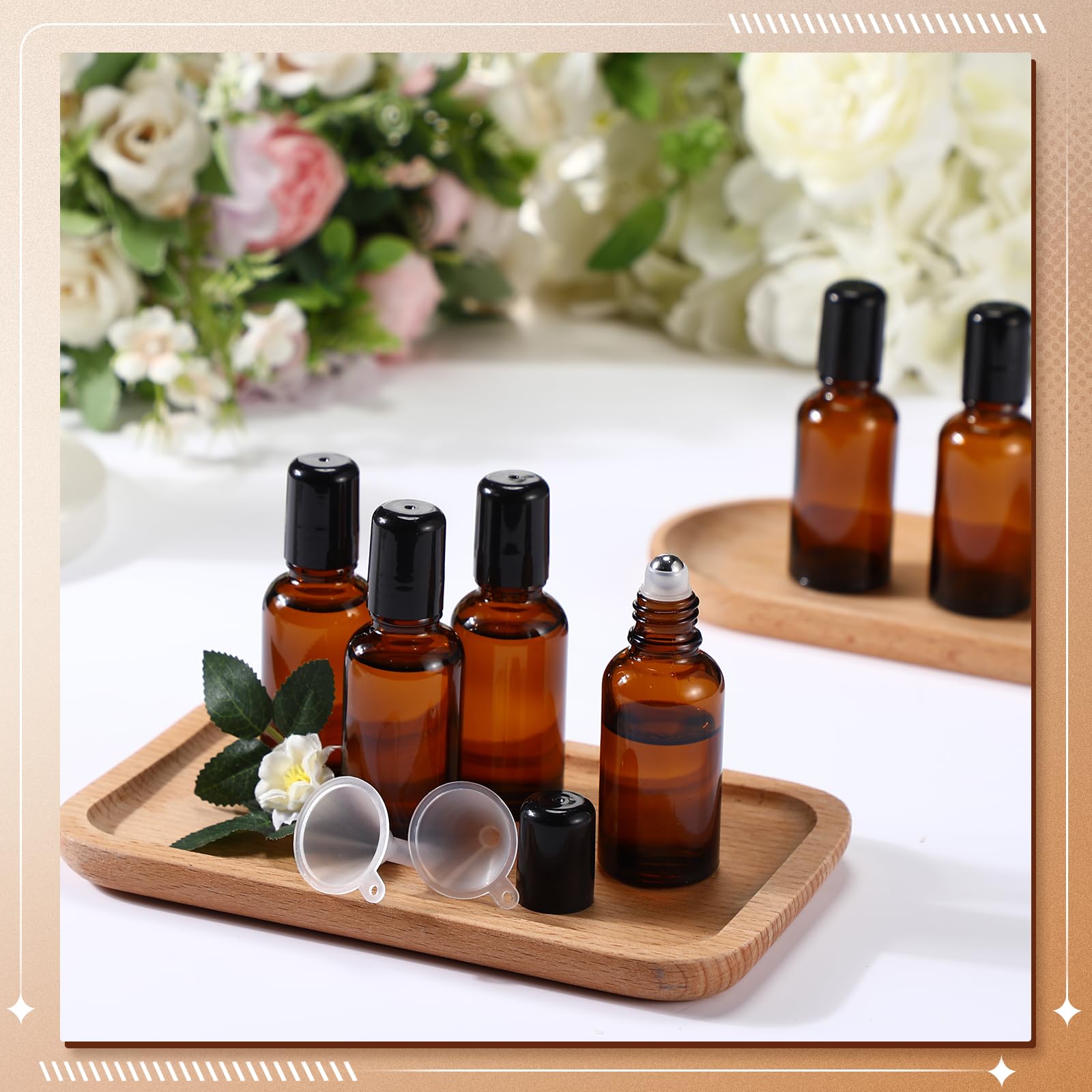 Sumind 12x 30ml Amber Glass Roller Bottles – Essential Oil Travel Set with Funnels & Labels