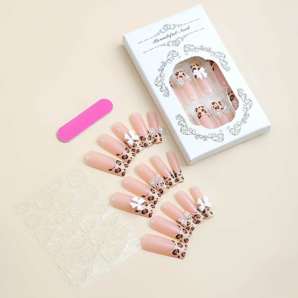 SUMINGGO 24Pcs Press On Nails | Medium Almond, Leopard Bowknot Design, Reusable Full-Cover Nails