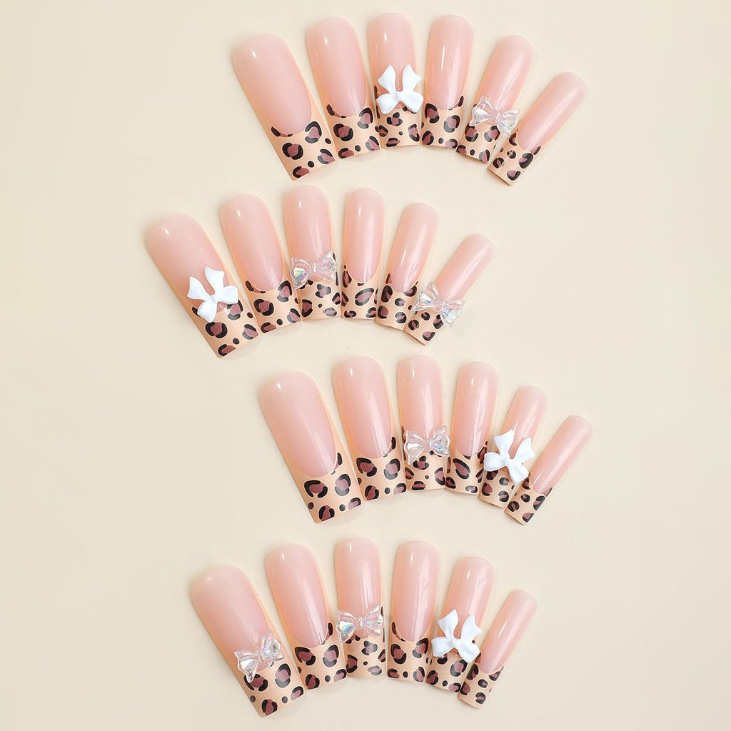 SUMINGGO 24Pcs Press On Nails | Medium Almond, Leopard Bowknot Design, Reusable Full-Cover Nails