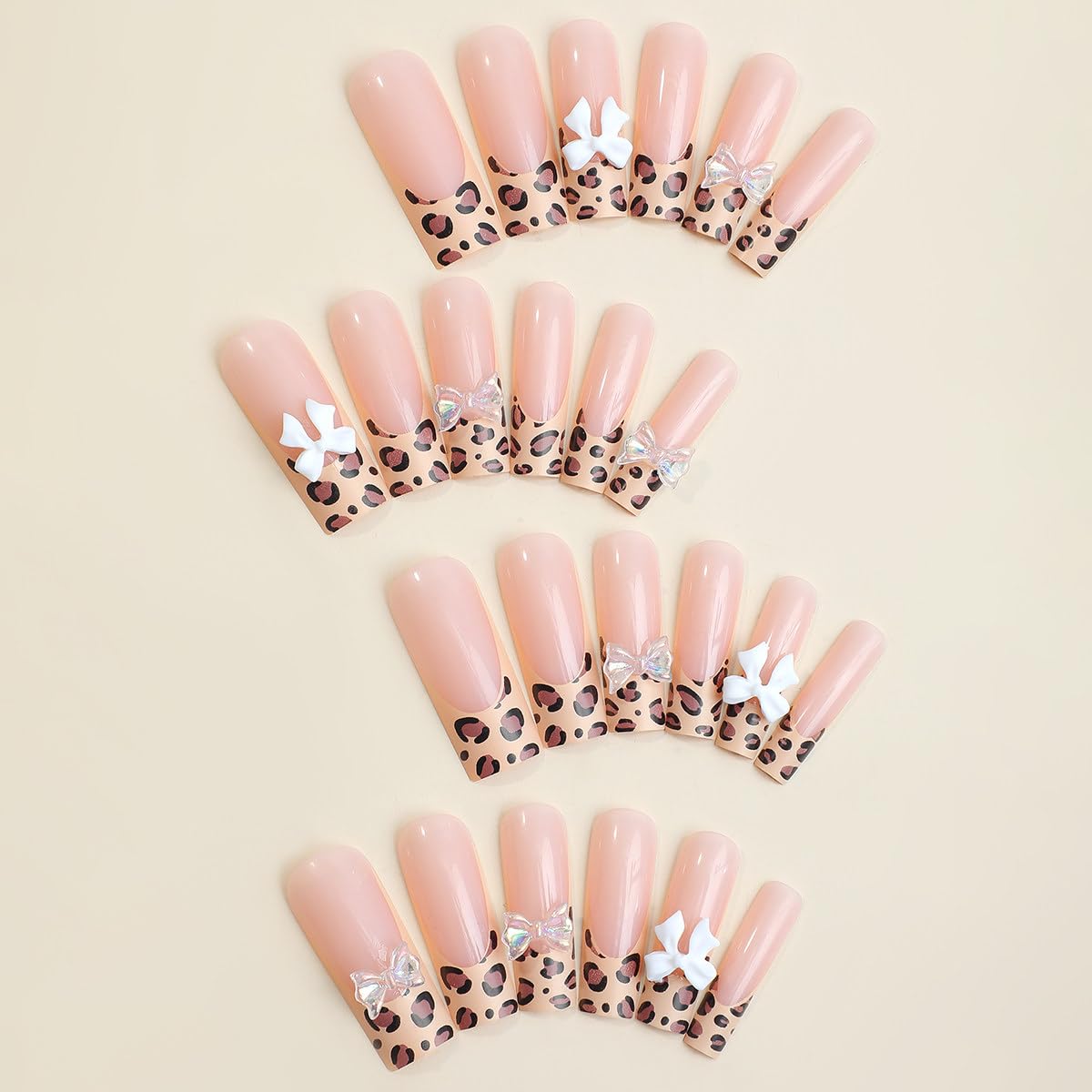 SUMINGGO 24Pcs Press On Nails | Medium Almond, Leopard Bowknot Design, Reusable Full-Cover Nails