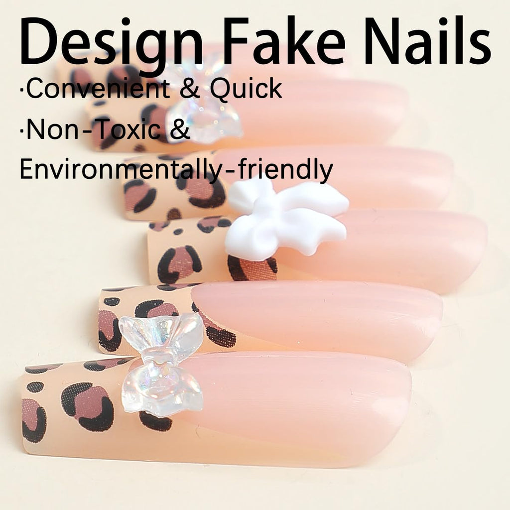 SUMINGGO 24Pcs Press On Nails | Medium Almond, Leopard Bowknot Design, Reusable Full-Cover Nails