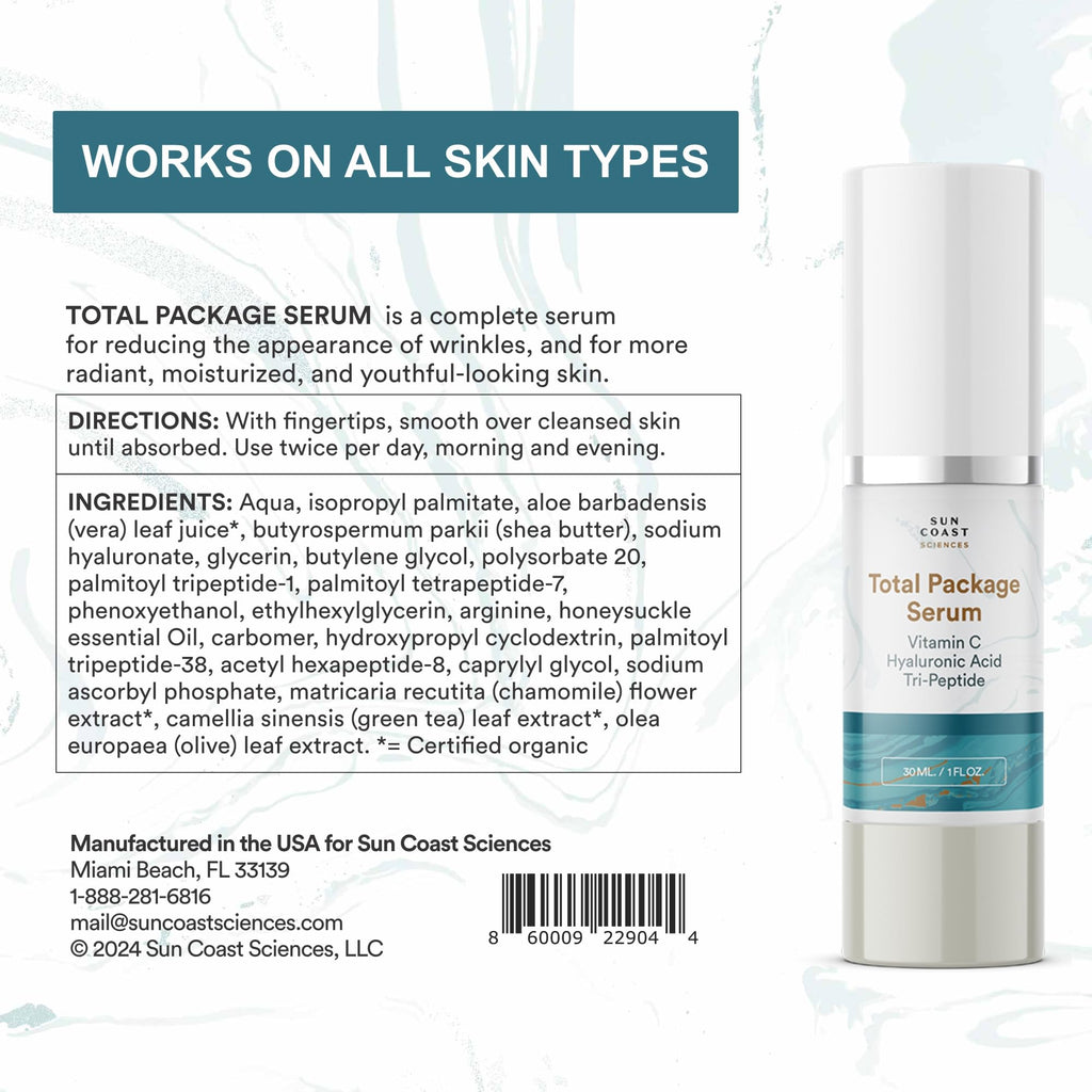 Sun Coast Sciences Total Package Serum – All-In-One Vitamin C + Hyaluronic Acid Anti-Aging Serum (Pack of 4, 1 fl oz each)