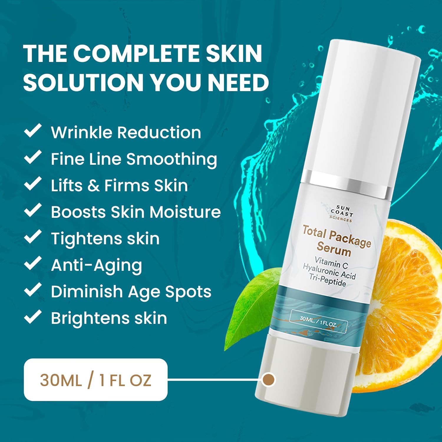 Sun Coast Sciences Total Package Serum – All-In-One Vitamin C + Hyaluronic Acid Anti-Aging Serum (Pack of 4, 1 fl oz each)