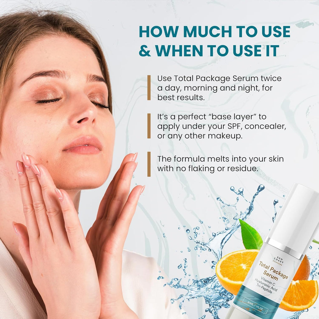 Sun Coast Sciences Total Package Serum – All-In-One Vitamin C + Hyaluronic Acid Anti-Aging Serum (Pack of 4, 1 fl oz each)