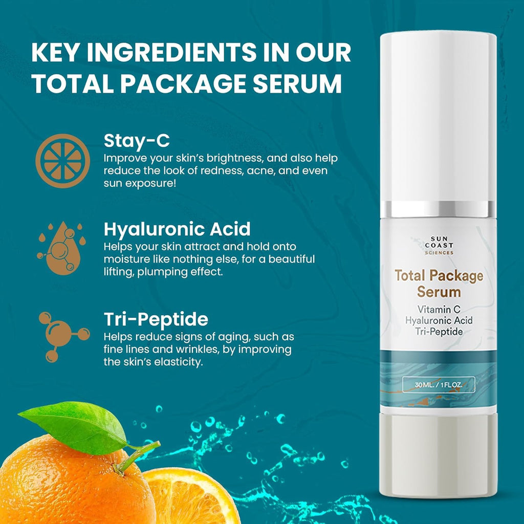 Sun Coast Sciences Total Package Serum – All-In-One Vitamin C + Hyaluronic Acid Anti-Aging Serum (Pack of 4, 1 fl oz each)
