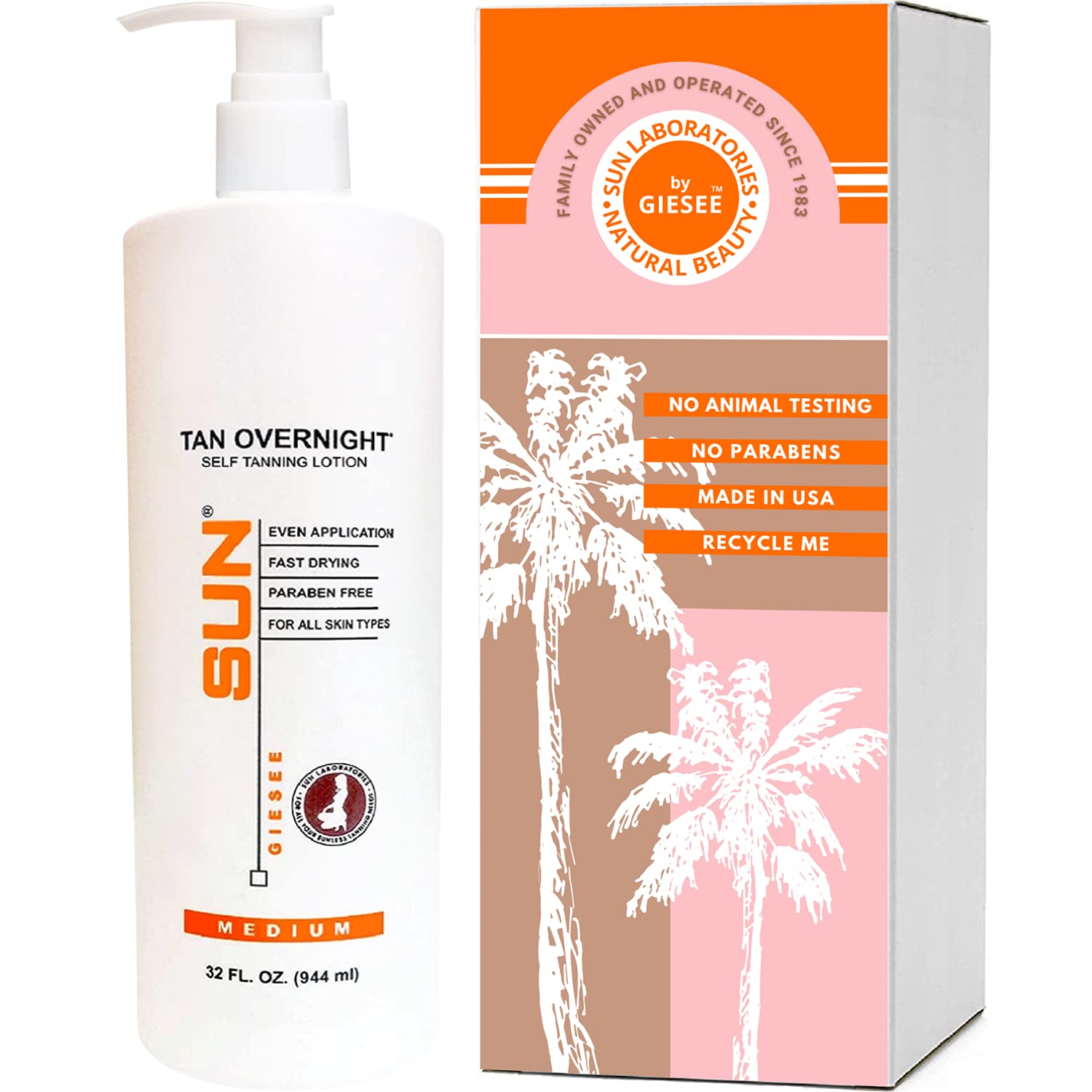 Sun Laboratories By Giesee Tan Overnight Self Tanning Lotion 32 oz – Medium to Dark, Odorless Long-Lasting Sunless Tanner for Face & Body