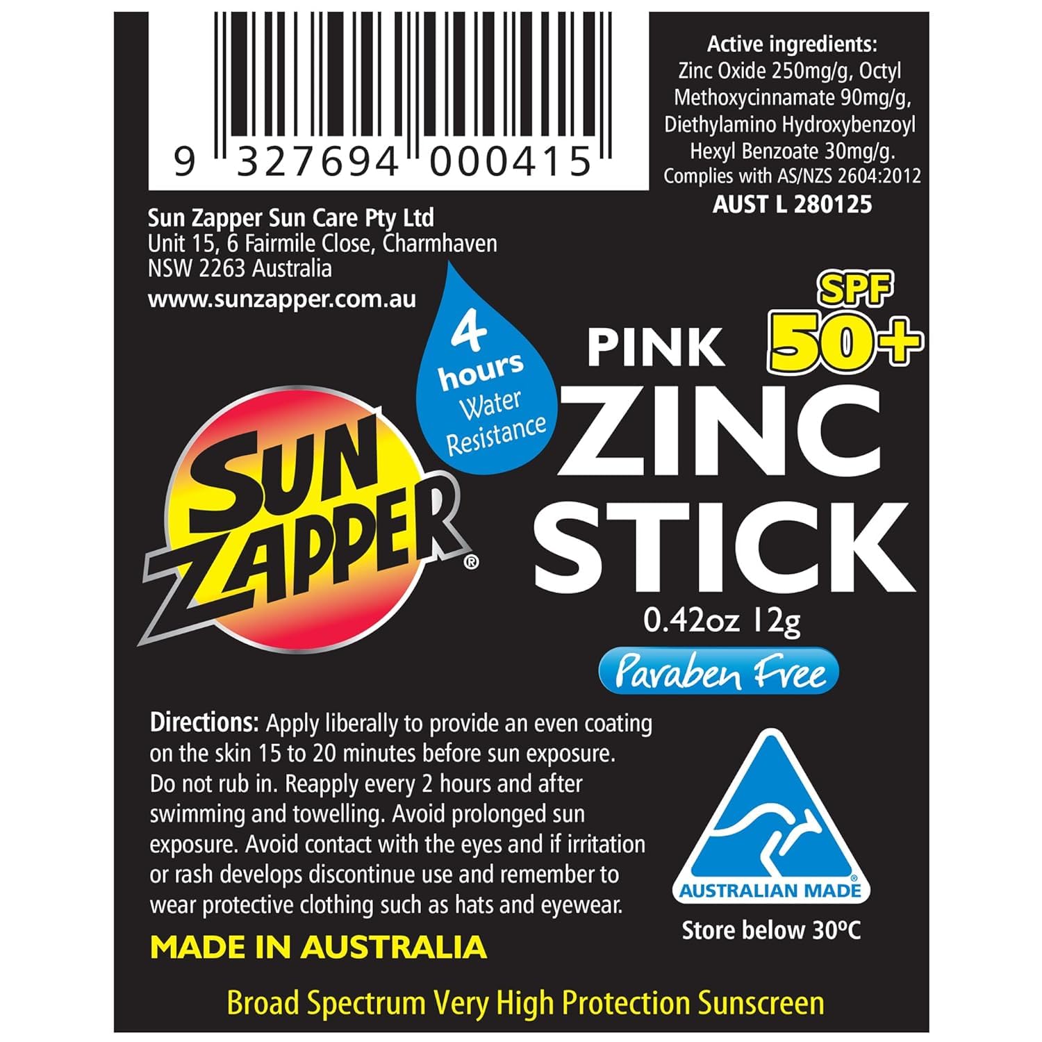 Sun Zapper Zinc Oxide Mineral Sunscreen Stick SPF 50+ Water Resistant – Pink – 12g (0.42 Oz) – For Face & Body – Adults & Kids – Made in Australia