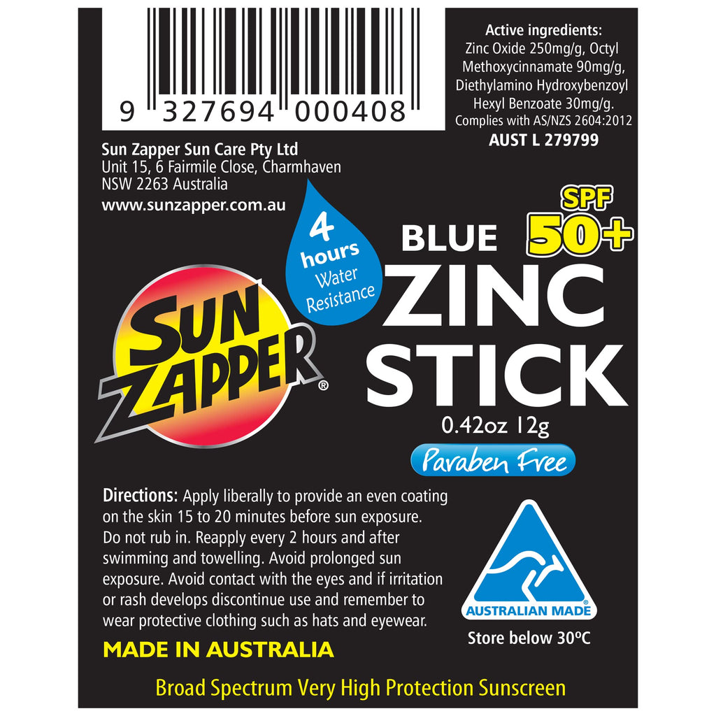 Sun Zapper Zinc Oxide Sunscreen Stick SPF 50+ Blue – Water-Resistant for Face & Body