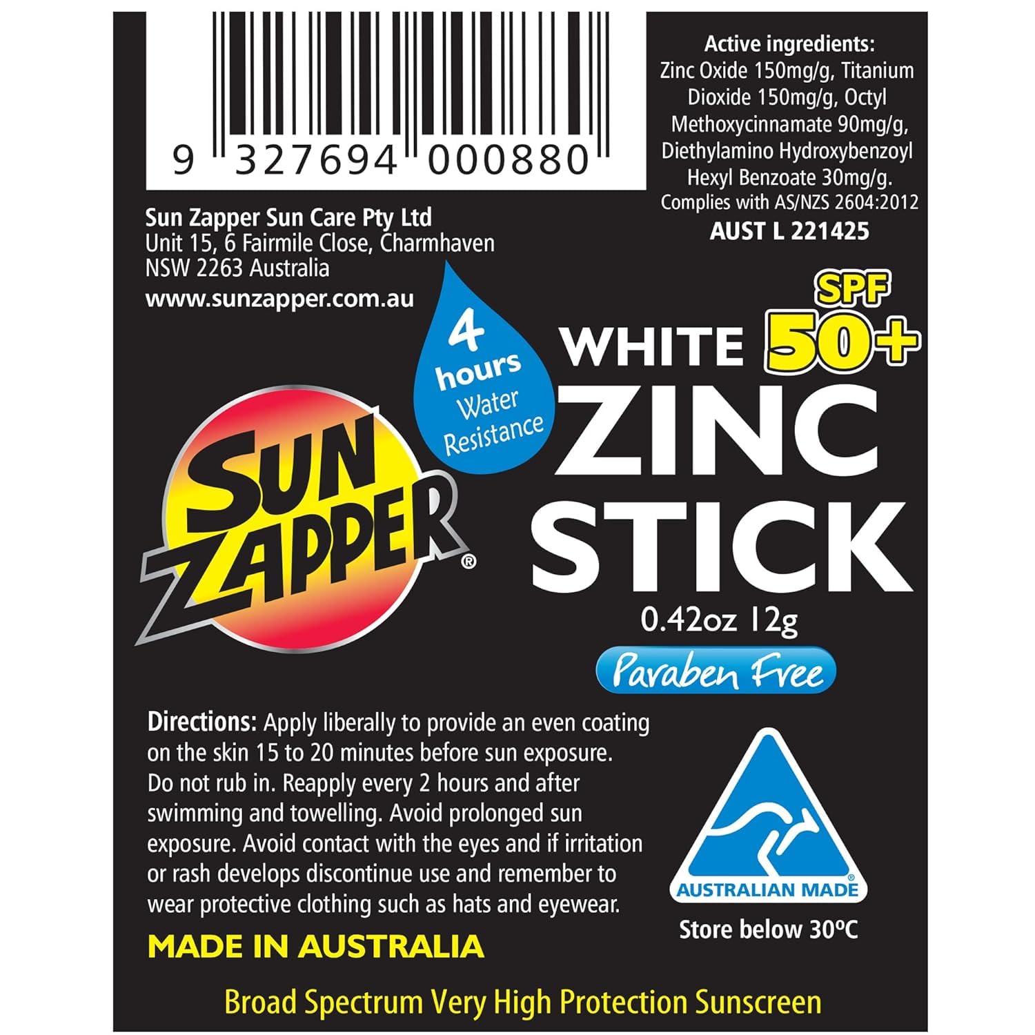 Sun Zapper Zinc Oxide Mineral Sunscreen Stick SPF 50+ – 12g White – Water Resistant