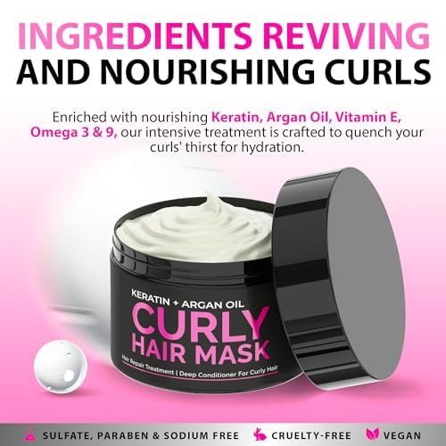 SUNATORIA Curly Hair Mask – Deep Conditioning with Argan & Keratin (8.5 fl oz) for Dry, Damaged, Wavy & Frizzy Hair