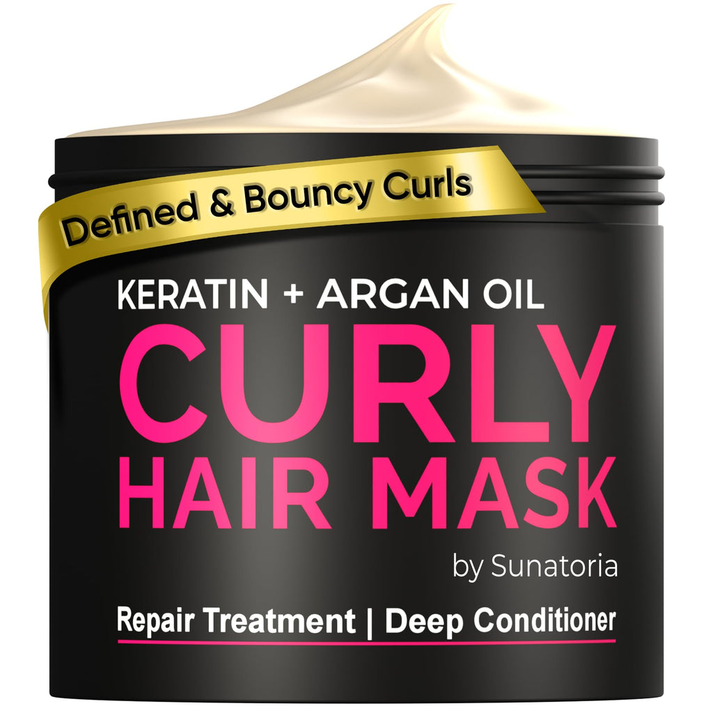 SUNATORIA Curly Hair Mask – Deep Conditioning with Argan & Keratin (8.5 fl oz) for Dry, Damaged, Wavy & Frizzy Hair