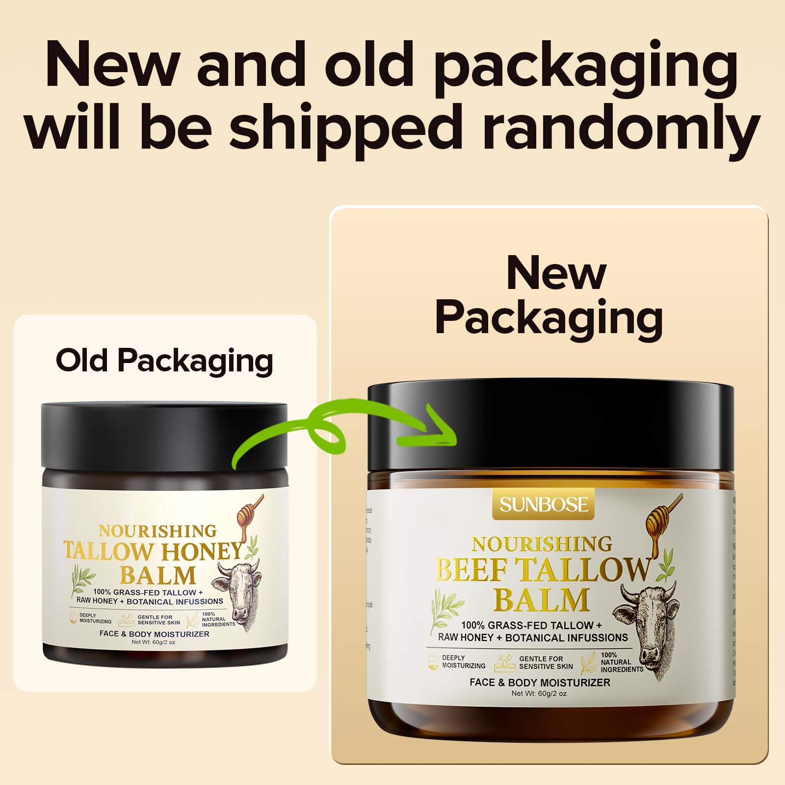 Sunbose Beef Tallow Balm for Skin – Grass-Fed with Honey & Beeswax, Non-Greasy Moisturizer