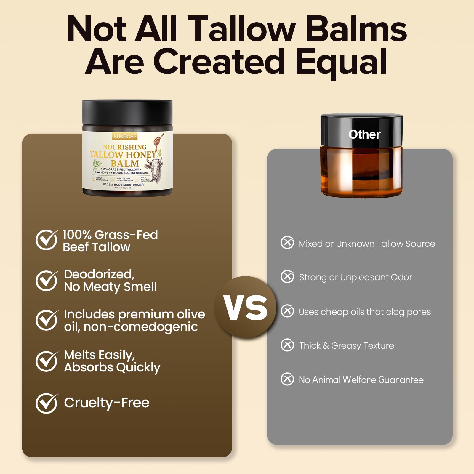 Sunbose Beef Tallow Balm for Skin – Grass-Fed with Honey & Beeswax, Non-Greasy Moisturizer